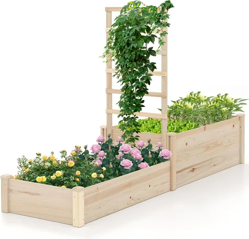 Miniatura 13 de Conjunto de cama de jardín elevada de madera Giantex, caja de plantación rectangular para verduras, frutas, flores, hierbas, cama de plantación