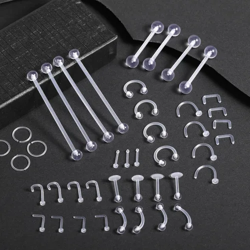 Miniatura 8 de Juego de 44 piezas de piercings de nariz transparentes, juego de piercings de acrílico para labios, flexible para nariz, lengua, vientre, ceja