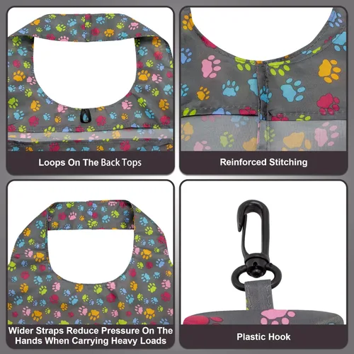 Miniatura 4 de HOLYLUCK Bolsas de comestibles reutilizables, bolsa de compras plegable resistente (estándar, 3 huellas de patas de perro)