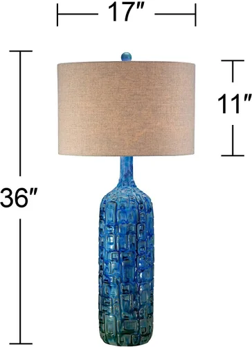 Miniatura 4 de Possini Euro Design Lámpara de mesa de estilo moderno de mediados de siglo, azulejos de cerámica, color verde azulado alto, tela de lino tostado
