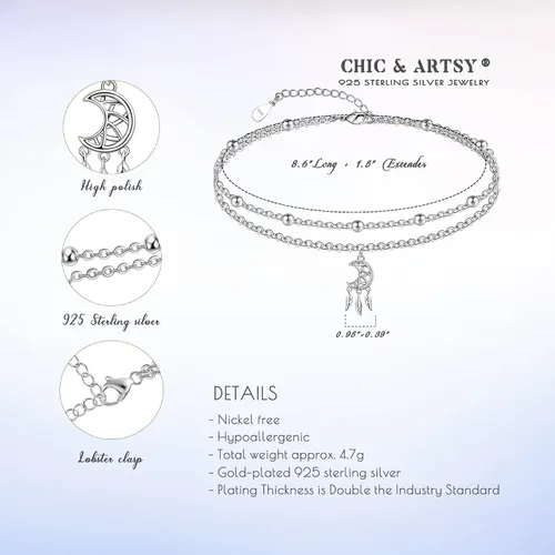 Miniatura 75 de CHIC & ARTSY Tobilleras delicadas de plata de ley S925 para verano, pulsera de tobillo ajustable multicapa para playa, joyería de pie para mujer