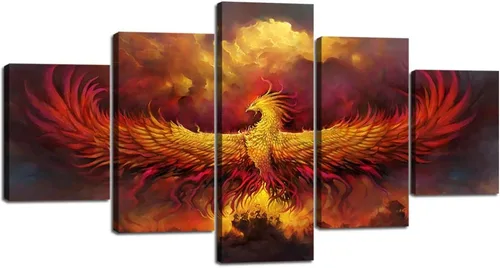Miniatura 63 de 5 piezas de pintura sobre lienzo ardiente de fénix dibujado en estilo heráldico fuego fénix arte de pared vintage impresiones obras de arte arte