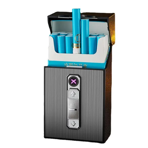 Estuche de cigarrillos con encendedor de doble arco recargable por USB, soporte para caja de cigarrillos tamaño King Pack portátil para 20