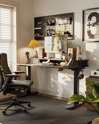 Miniatura 2 de FEZIBO Escritorio de pie de 48 x 24 pulgadas con altura ajustable, escritorio eléctrico de pie con doble cajón, escritorio de oficina en casa con 4