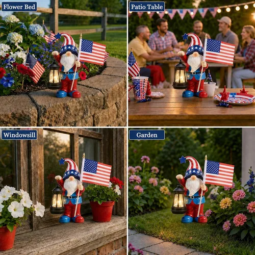 Miniatura 8 de Estatua de gnomos de jardín para decoraciones de patio, esculturas al aire libre, decoración patriótica, decoración del día conmemorativo para el 4