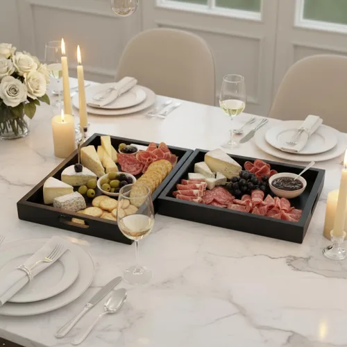 Miniatura 7 de Bandeja rectangular de madera de acacia negra con asas, juego de 2 (15 x 11 pulgadas y 13 x 10 pulgadas), bandeja grande para otomana, desayuno