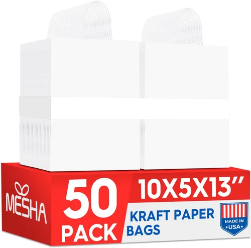 Bolsas de papel blanco MESHA con asas 10x5x13 pulgadas, paquete de 50, grandes bolsas de regalo de papel kraft con asas a granel para pequeñas