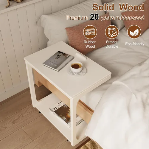 Miniatura 7 de AQIMUELE Mesa auxiliar de madera en forma de C, escritorio de sofá con 2 ruedas con cerradura, mesa de sofá de 4 niveles con bolsa de Natural