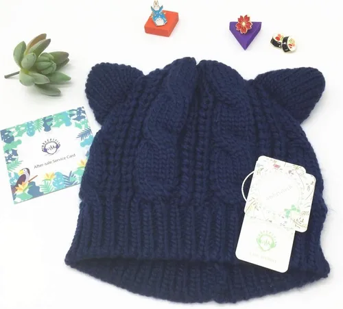 Miniatura 2 de Amberetech - Gorro tejido en crochet con orejas de gatito, para mujer, M, Azul Oscuro