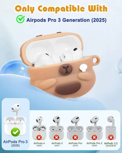Miniatura 2 de Joyleop Funda para Airpods Pro 3 – Linda funda divertida para mujeres, niñas y niños 3D Kawaii Capybara Oso Diseño de dibujos animados Funda