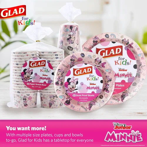 Miniatura 6 de Glad para niños Disney Mickey y amigos, cuencos desechables de papel para aperitivos, sin tapas, Minnie rosa - resistente, apto para microondas