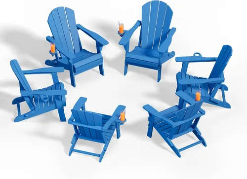 Miniatura 11 de Silla plegable Adirondack con portavasos, juego de 2, sillas de plástico HDPE para exteriores, resistentes a la intemperie, aspecto de madera real