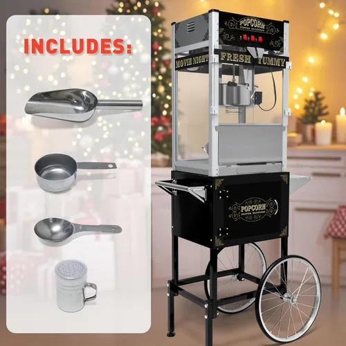 Miniatura 7 de Máquina comercial de palomitas de maíz con carrito y ruedas, máquina para hacer palomitas de maíz con hervidor de acero inoxidable de 22 onzas