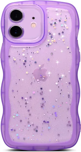 Miniatura 85 de Qokey Funda para iPhone 12 Pro Max de 6.7 pulgadas, diseño de onda rizada, borde transparente, brillante con purpurina, estrella brillante, bonita