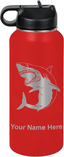 Miniatura 32 de LaserGram Botella de agua personalizada, gran tiburón blanco, acero inoxidable de doble pared aislada al vacío con popote superior, regalo grabado