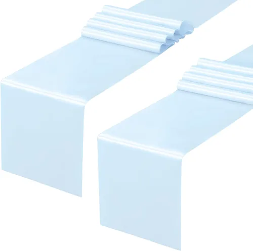 Miniatura 29 de Horbaunal - Juego de 12 caminos de mesa de satén azul claro de 12 x 108 pulgadas, caminos de mesa suaves para bodas, banquetes, fiestas de cumpleaños