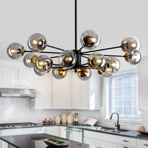 Miniatura 10 de Lámpara colgante de 8 luces, color negro con globos de vidrio, lámpara de techo Sputnik clásica vintage para cocina, sala de estar, comedor