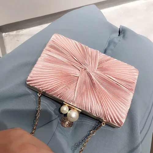 Miniatura 3 de RAN Bolso de satén con cierre de perlas sintéticas, bolso de banquete para mujer con cadena cruzada (color rosa)