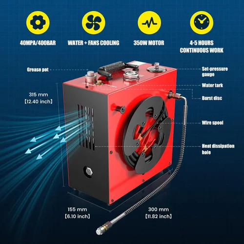 Miniatura 6 de GX PUMP GX-E-CS4 Compresor de aire PCP portátil, motor potente de 350W, máximo 5800 Psi/40 Mpa, enfriamiento por agua y ventilador, 5 horas