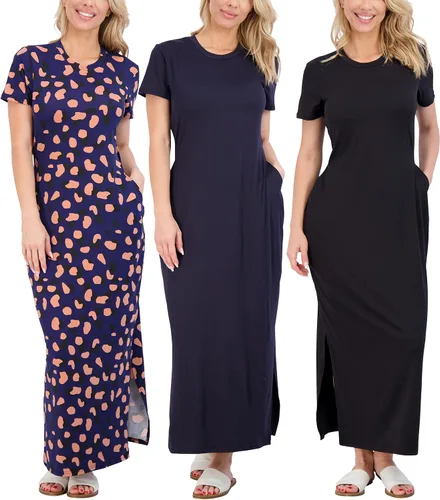 Real Essentials Paquete de 3 Vestido largo casual de manga corta para mujer, vestido de verano con abertura y bolsillos (disponible en tallas