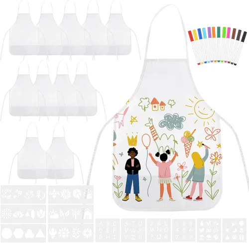 Miniatura 8 de Morcheiong Juego de delantales para niños de 36/72 piezas, delantales de pintura para niños con bolígrafo de colores y plantilla de manualidades