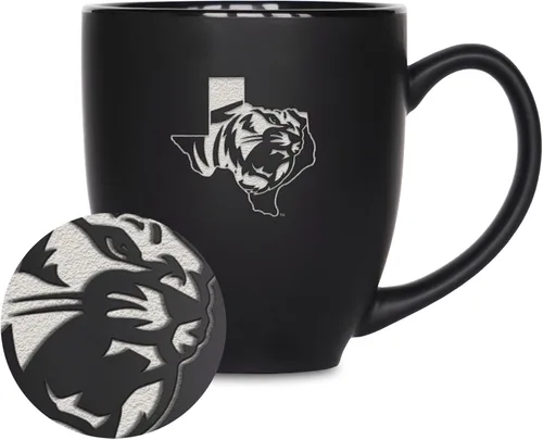 Miniatura 398 de Rico Industries - Taza de cerámica mate negra con grabado láser estándar de 15oz para NCAA (escuelas T & U) - Para bebidas calientes o frías