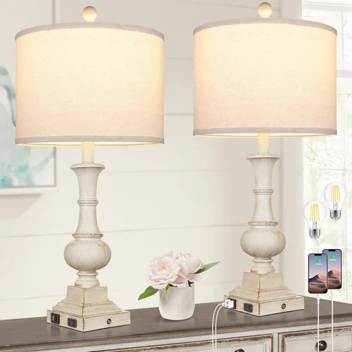 Miniatura 11 de 27" Tall Table Lamps for Living Room, 3-Way Dimmable Touch Control Farmhouse Vintage Table Lamps Set of 2 with USB C+A Ports and AC Outlets, Rustic
