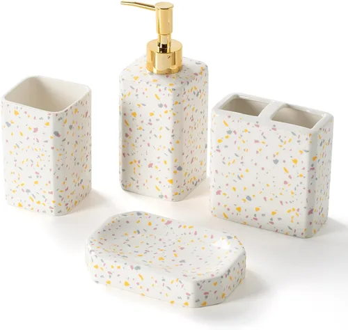 Miniatura 10 de Juego de accesorios de baño plateados, juego de accesorios de baño de cerámica de mosaico incluye dispensador de loción, vaso de soporte para Plata