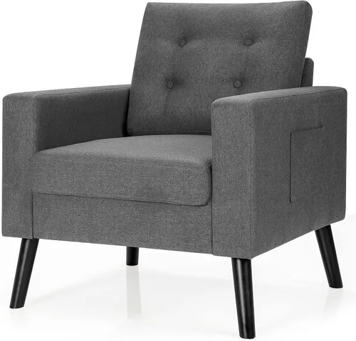 Miniatura 13 de Giantex Silla decorativa moderna, sillón tapizado de mediados de siglo con patas de madera de goma, tela de lino patentada, sofá individual