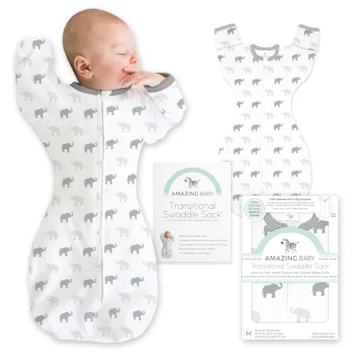 Amazing Baby Saco de transición para envolver con mangas de media longitud con brazos arriba y puños de mitones, elefantes pequeños, esterlina,