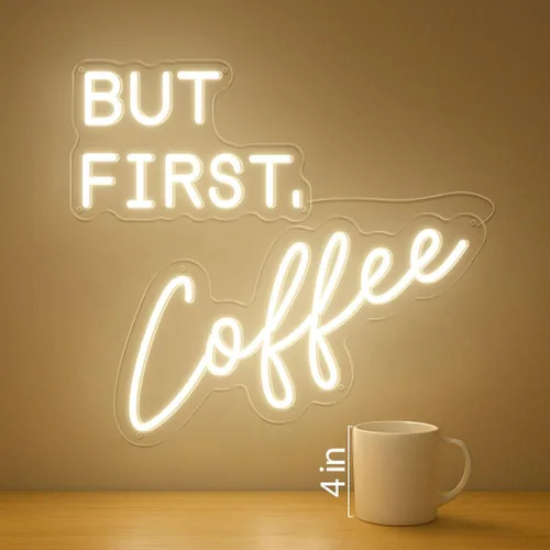 Miniatura 5 de Letrero de neón "But First Coffee" para decoración de pared, de 17 * 16 pulgadas, LED blanco cálido regulable con adaptador de corriente de 12V