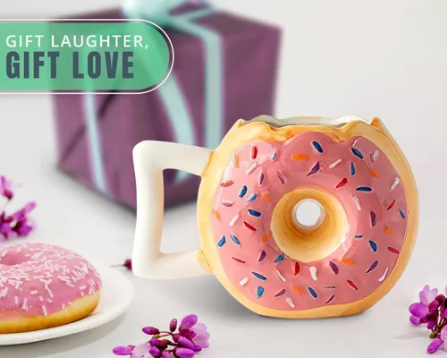 Miniatura 7 de Comfify Taza de cerámica con forma de dona – Esmalte rosa con chispas – Divertida cita "MMM... Donuts!" – Taza de café de 14 onzas para té