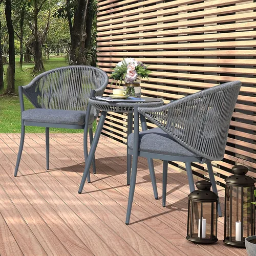 Miniatura 8 de NUU GARDEN Juego de 3 piezas de bistró para exteriores, juego de patio de conversación de cuerda tejida, muebles de aluminio para todo tipo de Gris