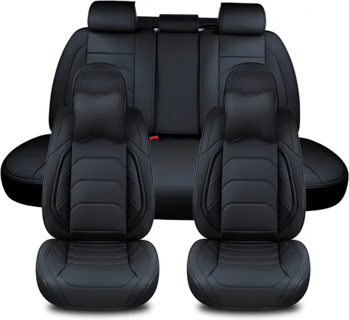 Miniatura 18 de TIEHESYT - Fundas de asiento de auto color negro, fundas de cuero transpirable para asientos delanteros y reposacabezas, ajuste interior universal