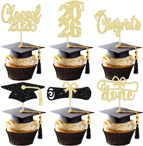Miniatura 25 de Paquete de 24 adornos para cupcakes de clase 2026 con purpurina 2026 Felicidades Graduación Diploma Done Cupcake Picks 2026 Graduación Temática