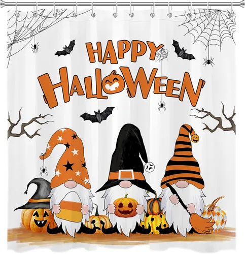 Miniatura 2 de HVEST Cortina de ducha de Halloween, linterna de calabaza y gnomo, cortina de ducha de baño, cortina de ducha de murciélago y araña, decorativa