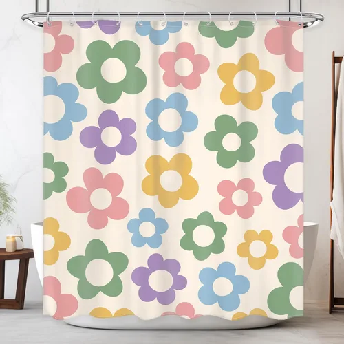 Newsely Bonita cortina de ducha de flores retro para baño, 60 pulgadas de ancho x 72 pulgadas de alto, groovy, danés, pastel, colorido, vintage,