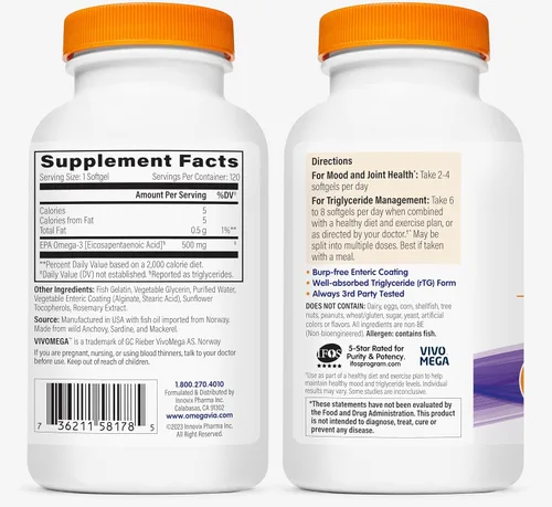 Miniatura 8 de OmegaVia Aceite de pescado EPA 500 Omega-3, 120 cápsulas, 500 mg de EPA/píldora, fórmula EPA de alta pureza (forma de triglicérido), certificado