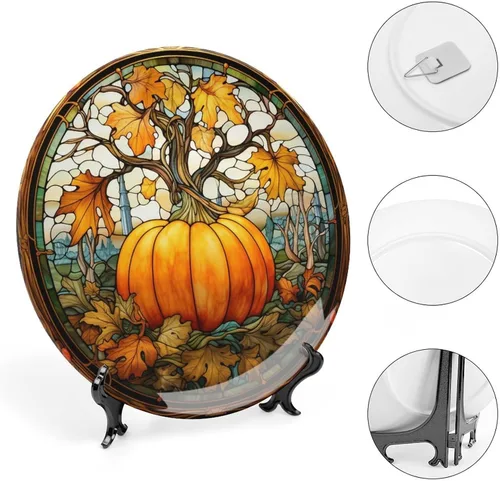 Miniatura 4 de Platos decorativos, diseño de vitrales, plato de exhibición de calabaza y arce de otoño para el hogar, oficina, cocina, decoración de mesa, platos