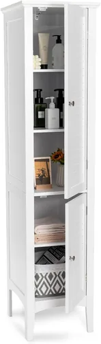 Miniatura 8 de LOKO Armario alto para baño, armario de almacenamiento multifuncional con puertas, torre estrecha de lino delgada para baño, sala de estar o cocina