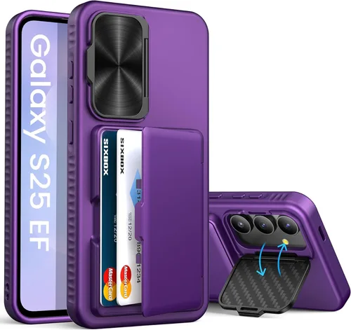 Funda para Samsung Galaxy S25 FE, tarjetero integrado, soporte y cubierta para lente, prueba de caídas de grado militar, borde de silicona suave,