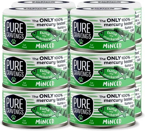 Pure Cravings Comida enlatada húmeda de atún y caballa picada para gatos, 100% atún probado con mercurio, lata húmeda para gatos, sin granos,