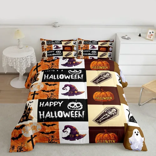 Miniatura 48 de Juego de edredón rosa con temática de Halloween, tamaño individual, edredón de farol de calabaza para adolescentes, juego de ropa de cama de Multi