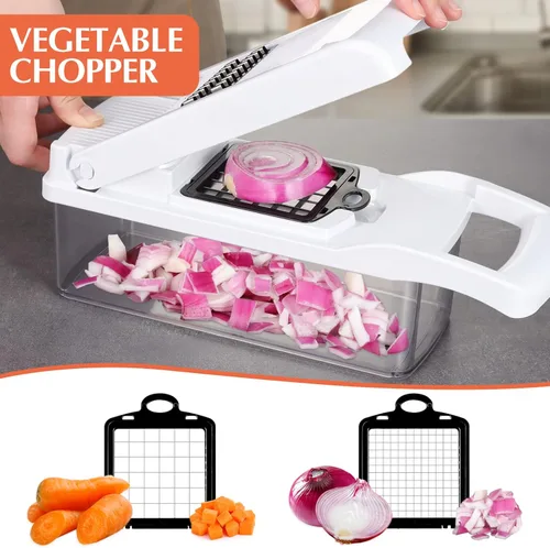 Miniatura 2 de KEOUKE Cortador de verduras de mandolina pro - Cortador de alimentos con 16 cuchillas intercambiables con recipiente, protector manual y escurridor