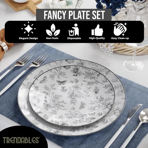 Miniatura 4 de Trendables Platos Desechables para Suministros de Fiesta Platos de Plástico Florales Negros para Boda 40 Piezas - 20 de 8" y 20 de 10"