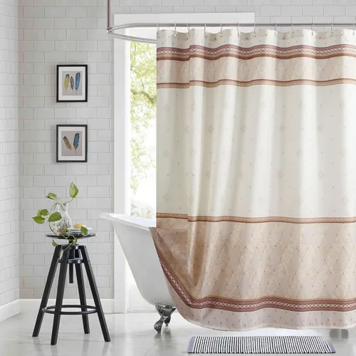 Miniatura 18 de Cortina de ducha de tela, estampado beige y tostado, cortinas de ducha con patrón de damasco bohemio de cachemira para baño, cortinas de baño Hudson