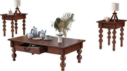 Miniatura 15 de Homora Mesa auxiliar rectangular de madera con cajón de almacenamiento, mesa de cóctel vintage con patas de madera maciza en forma de calabaza, mesa