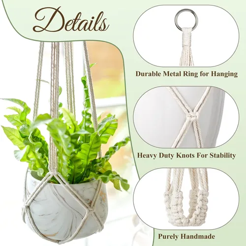 Miniatura 6 de Dahey Juego de 3 colgadores de macramé para plantas con ganchos, cesta colgante de interior de 35/29/23 pulgadas hecha a mano con cuerda de algodón