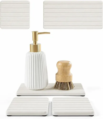 Miniatura 11 de Paquete de 2 bandejas de fregadero de piedra de diatomita, tapete de grifo absorbente de agua para encimera de cocina y baño, jabonera decorativa
