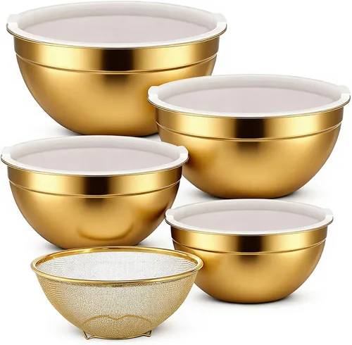 SHENLIU 5 cuencos dorados para mezclar con tapas herméticas, cuencos de acero inoxidable con colador, organizadores de anidación de metal para
